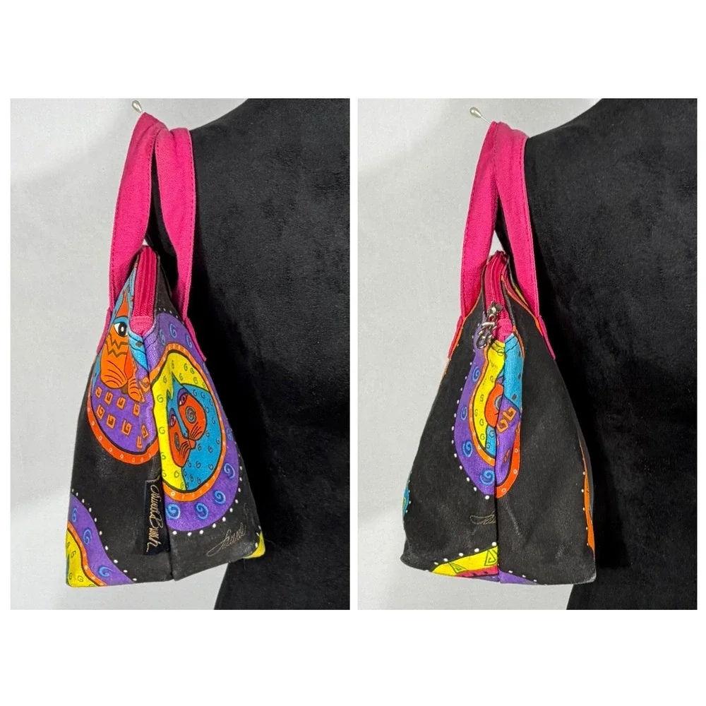 Laurel Burch Sun N Sand Canvas Cat Tote Bag Whimsical Folk Art Bag Vtg 90s Y2K